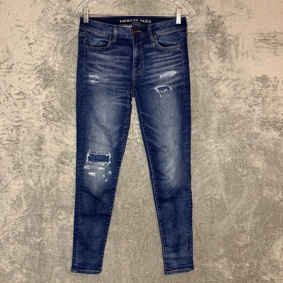 American Eagle Women Distressed Super Skinny 5 Pocket Jegging Whiskered Jeans 6 - Picture 1 of 12